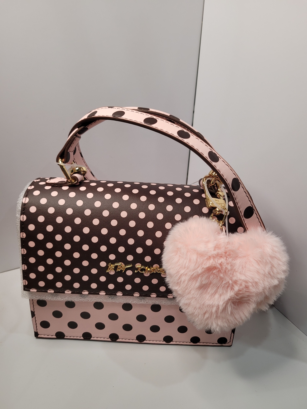 👉✨️Betsey Johnson Pink and Brown Polka Dot Satchel with Heart Pom